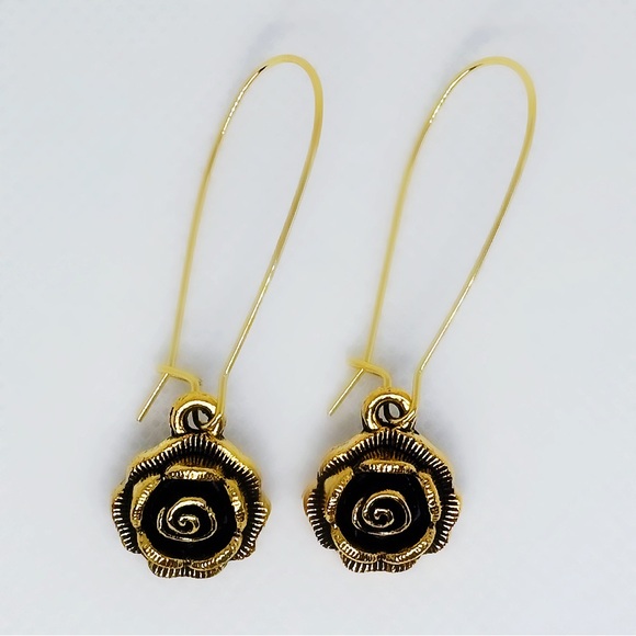 Artisan Handcrafted Antiqued Brass Long Kidney Wire Detailed Rose Earrings! - Picture 1 of 7